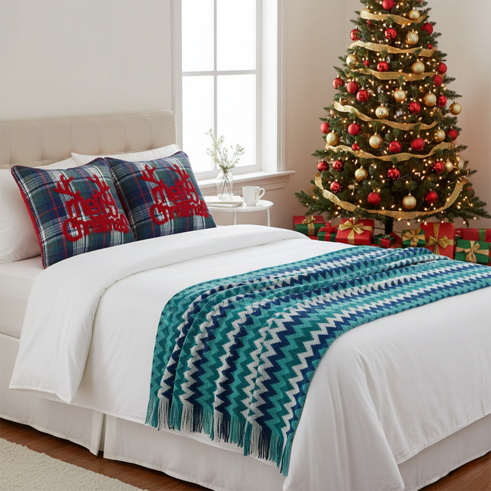 SOGA Christmas Bundle – 2 Multicolor Plaid Antler Pillow & Blue Zigzag Knitted Throw Blanket