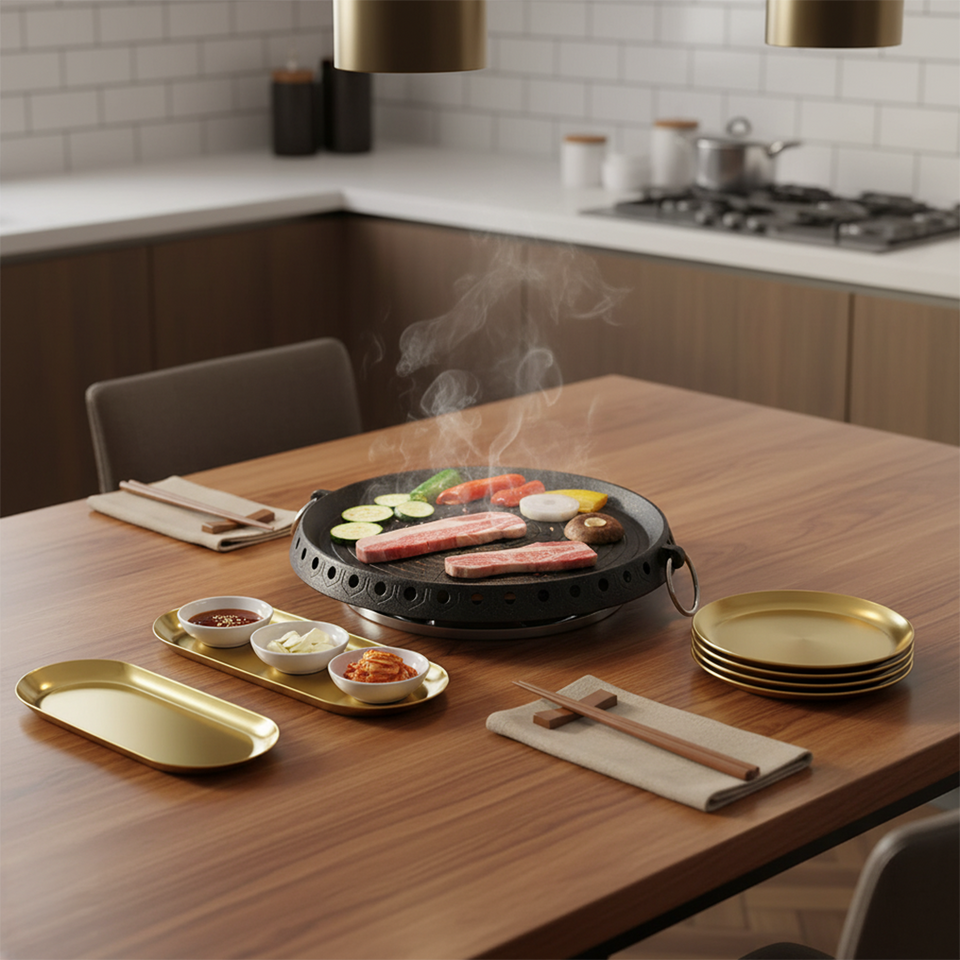 SOGA Kitchenware Bundle – Round Portable Korean BBQ Stove, Gold Grilling Plate & Nordic Plate Set