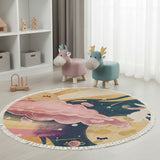 SOGA Home & Living Bundle – Pink & Green Deer Children’s Ottomans & Sky Clouds Round Rug