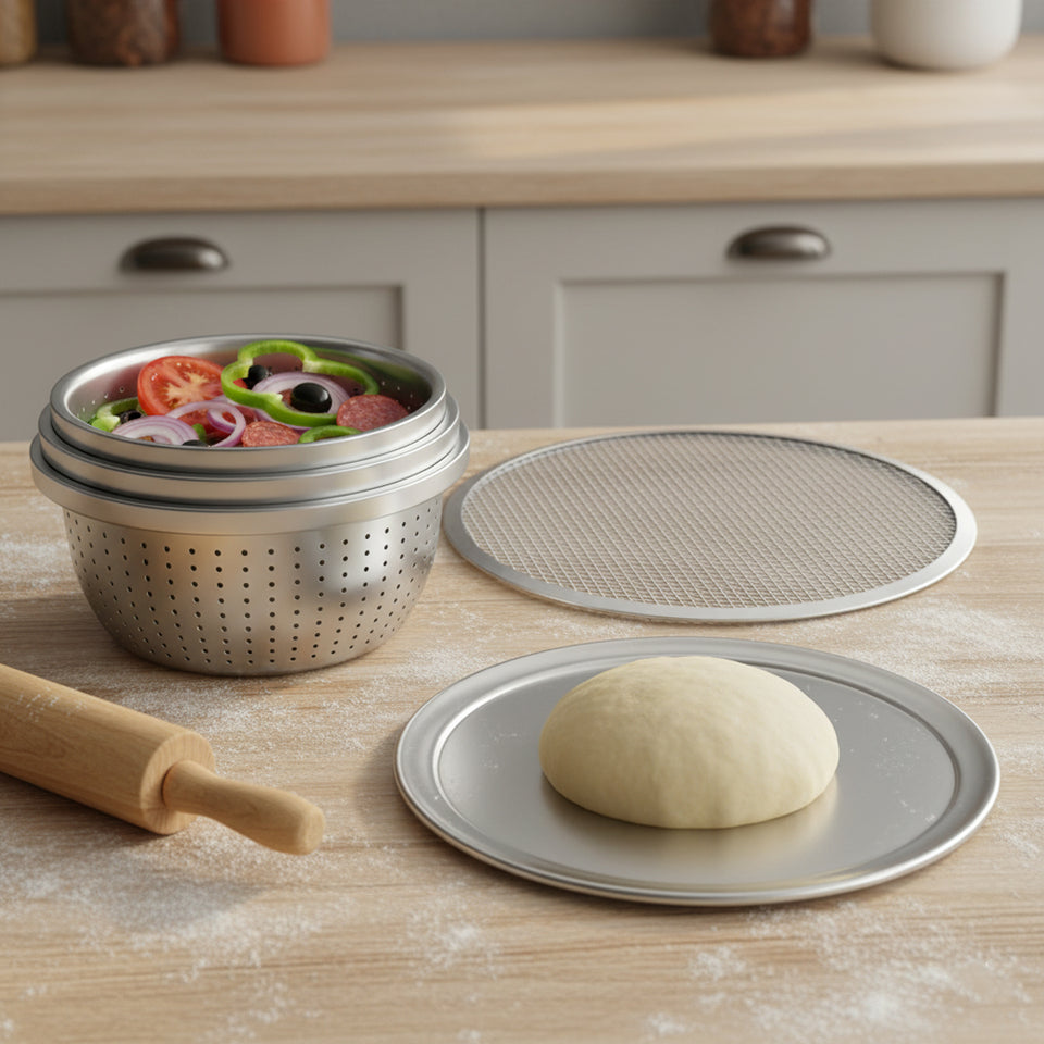 SOGA Kitchenware Bundle – Pizza Pans, Aluminum Baking Tray & Stainless Steel Colander Set