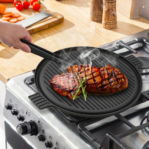SOGA 43cm Round Ribbed Cast Iron Frying Pan Skillet Steak Sizzle Platter with Handle