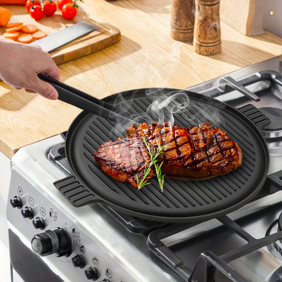 SOGA 43cm Round Ribbed Cast Iron Frying Pan Skillet Steak Sizzle Platter with Handle