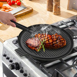 SOGA 43cm Round Ribbed Cast Iron Frying Pan Skillet Steak Sizzle Platter with Handle