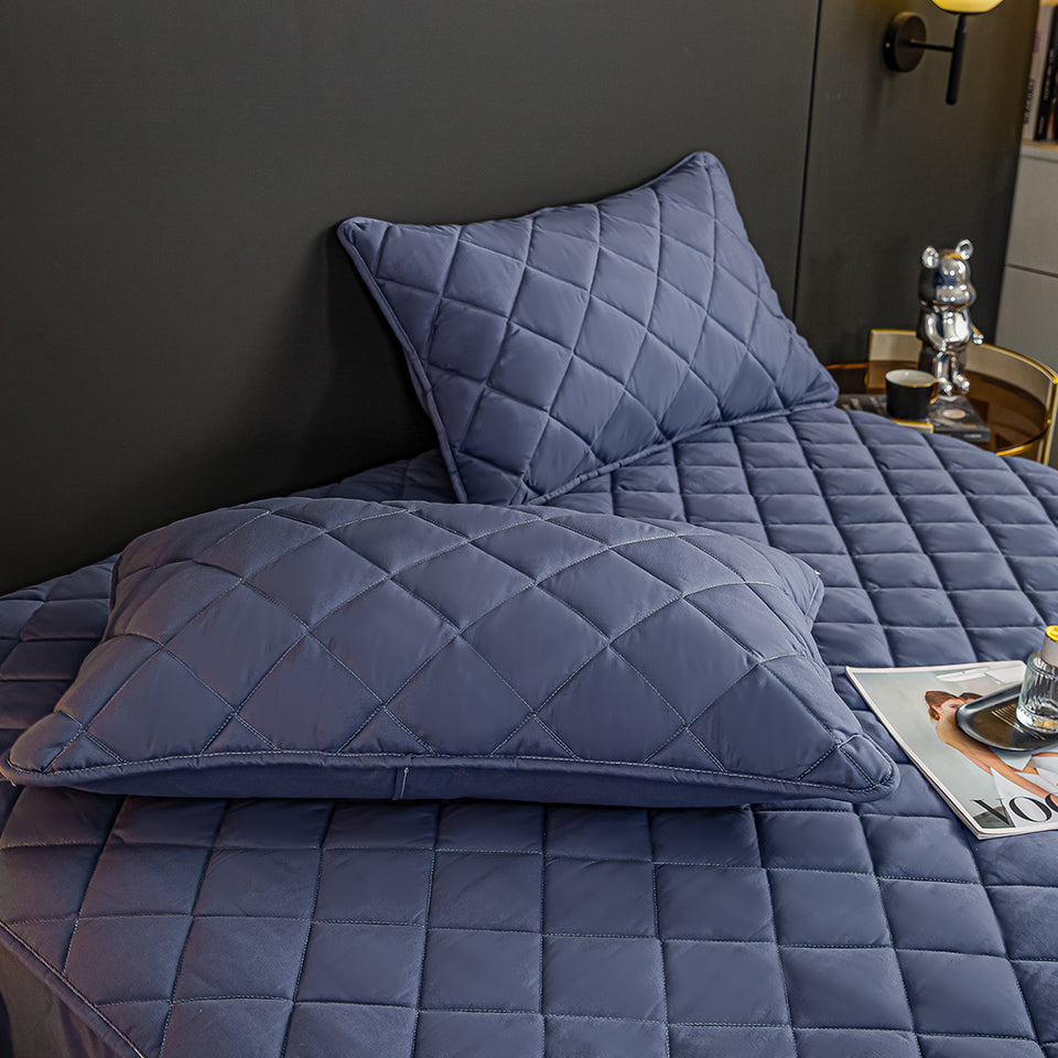 SOGA 2X Blue 183cm Wide Cross-Hatch Mattress Cover Thick Quilted Stretchable Bed Spread Sheet Protector with Pillow Covers