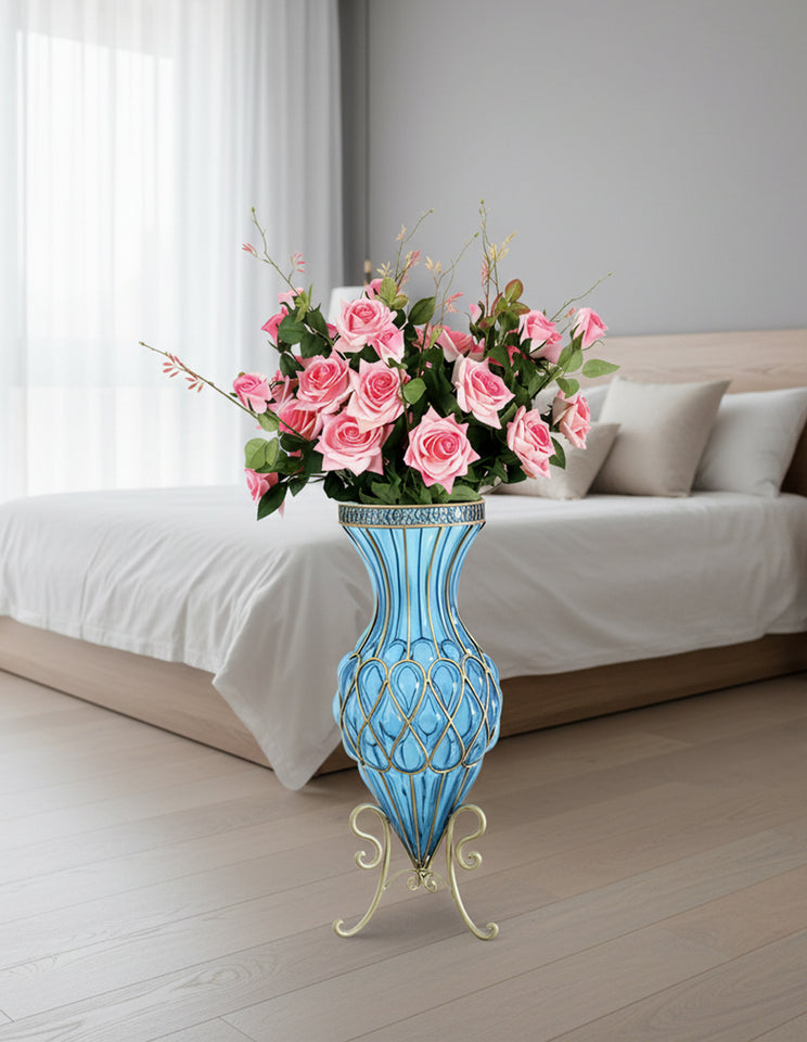 SOGA 67cm Blue Glass Tall Floor Vase and 12pcs Pink Artificial Fake Flower Set