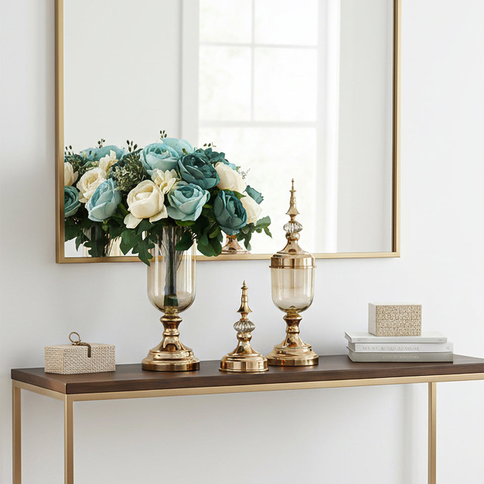 SOGA 2 x Clear Glass Flower Vase with Lid and Blue Flower Filler Vase Gold Set