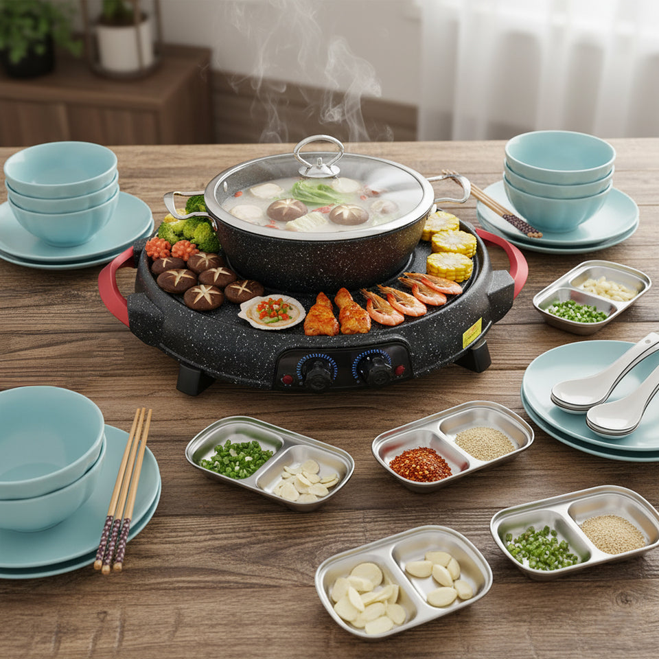 SOGA Kitchenware Bundle – 2-in-1 Electric Teppanyaki Grill, Light Blue Ceramic Dinnerware & Silver Sauce Pan