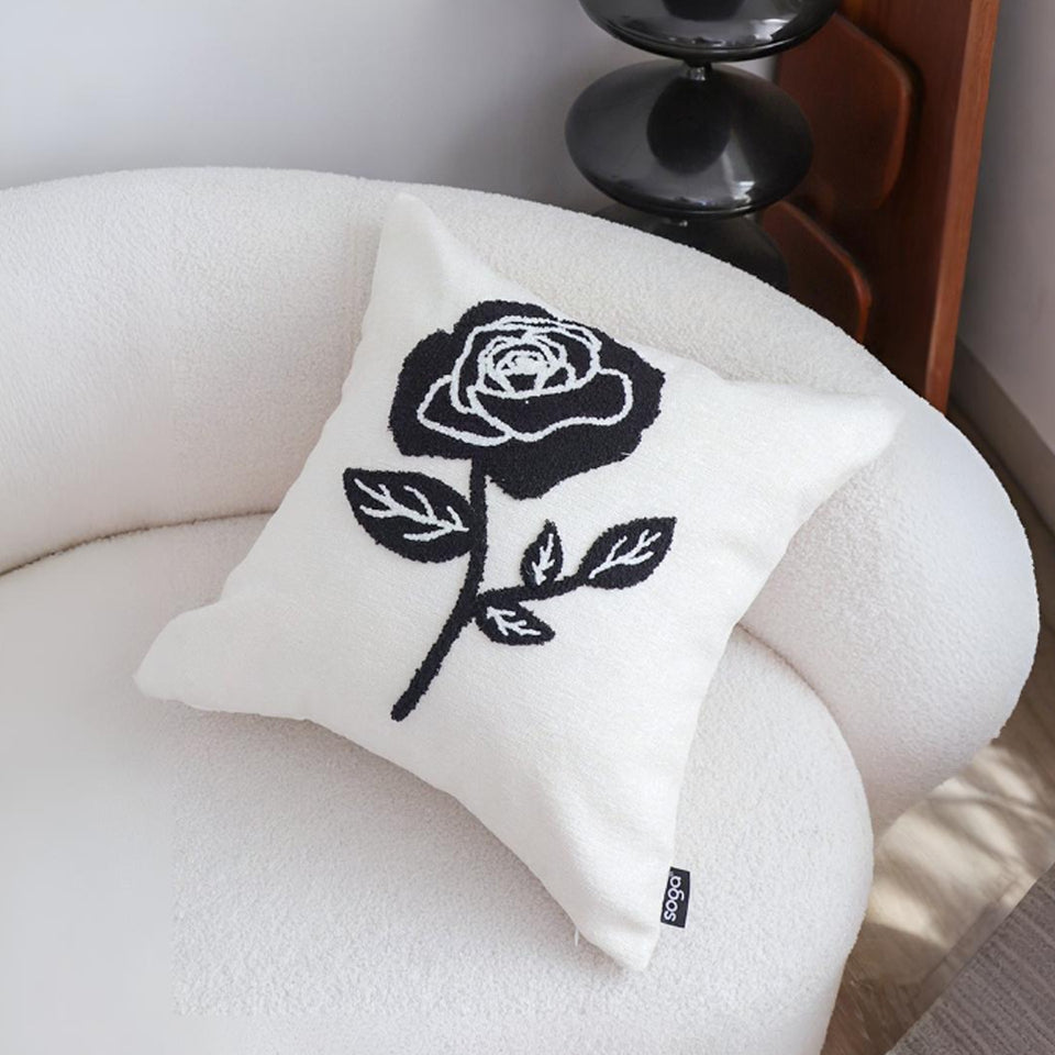 SOGA 2X 45cm White Black Single Rose Embroidered Throw Pillow