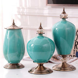 SOGA 42cm Ceramic Oval Flower Vase with Gold Metal Base Green
