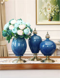 SOGA 2x 38cm Ceramic Oval Flower Vase with Gold Metal Base Dark Blue