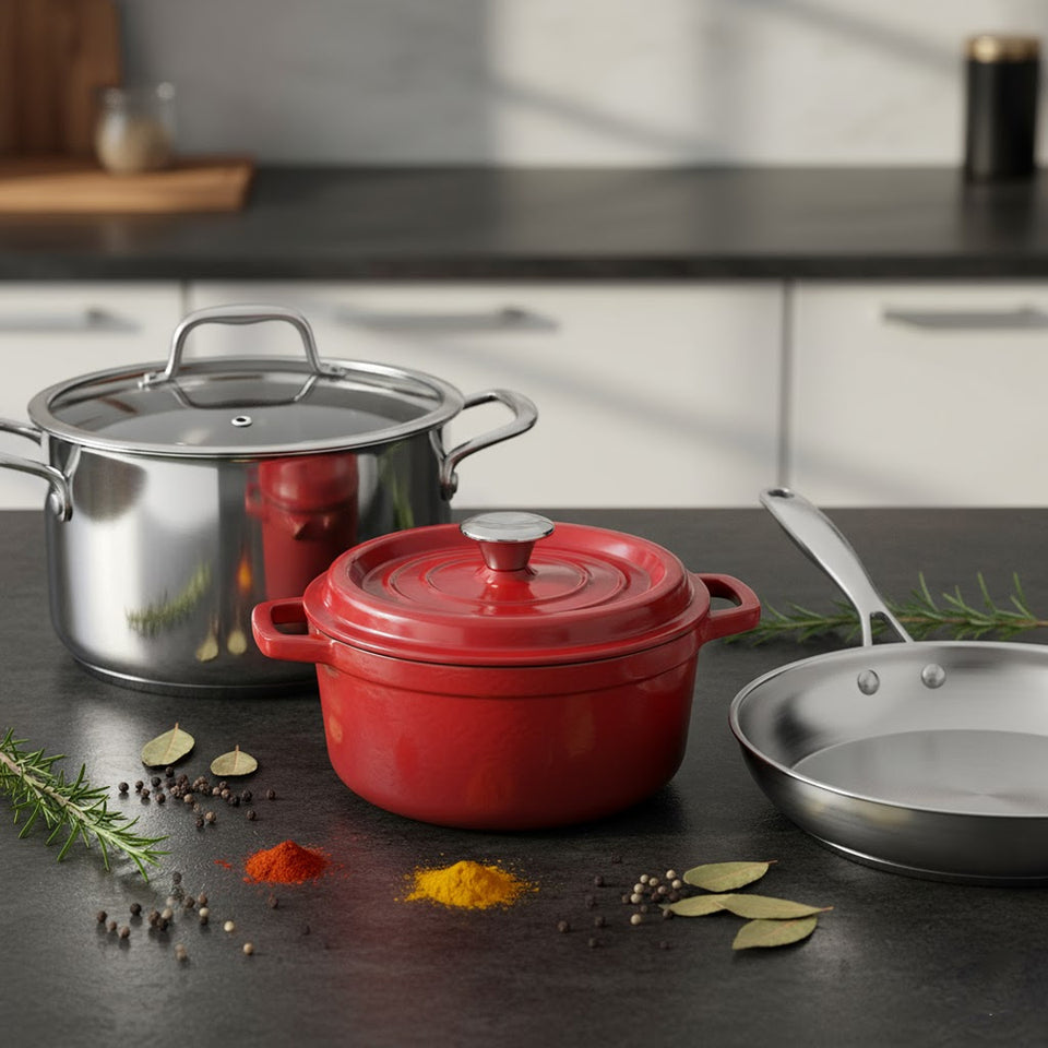 SOGA Kitchenware Bundle – Red Enamel Stewpot, Stainless Steel Fry Pan & Soup Stockpot