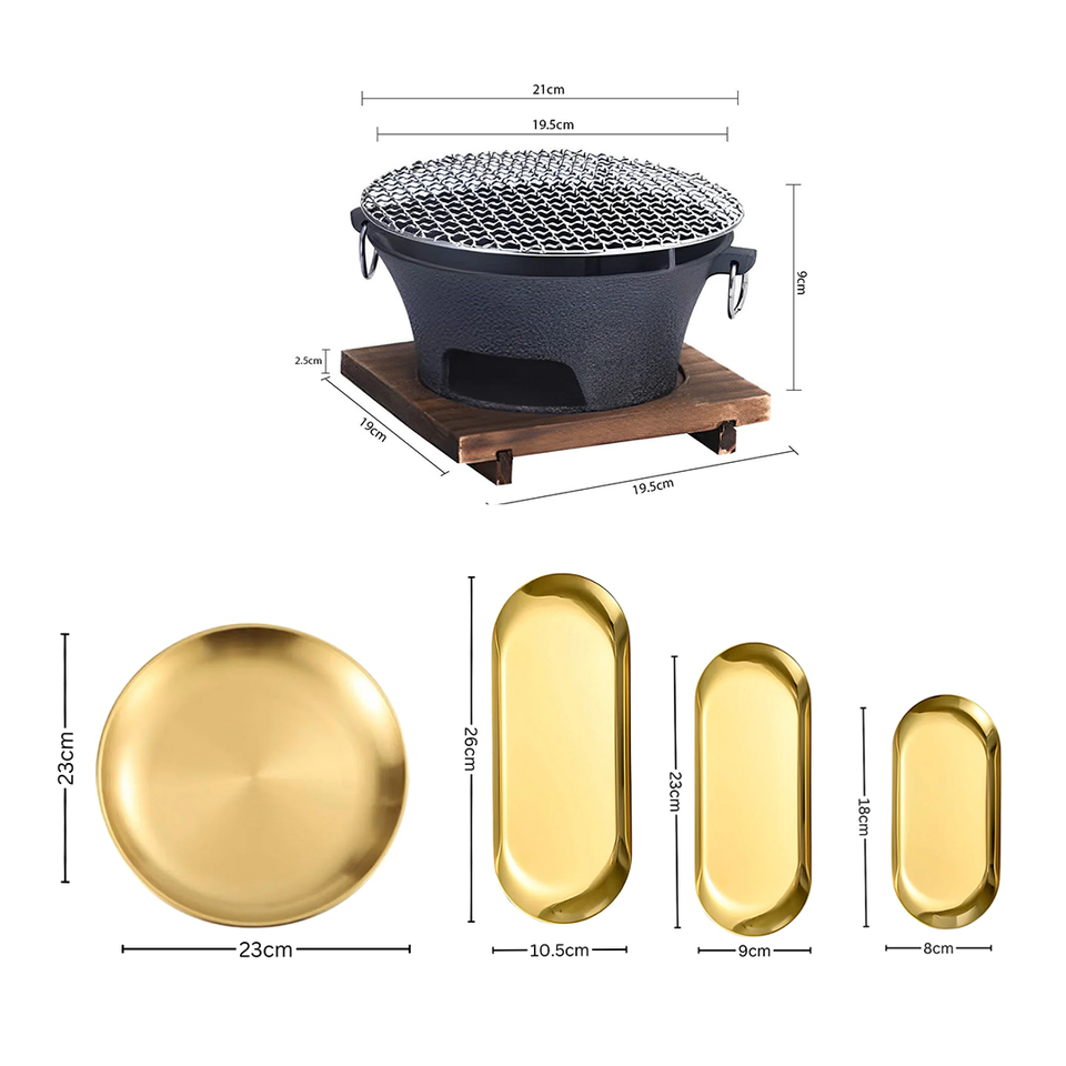 SOGA Kitchenware Bundle – Gold Nordic Plate Set, 23cm Grilling Plate & Cast Iron BBQ Grill