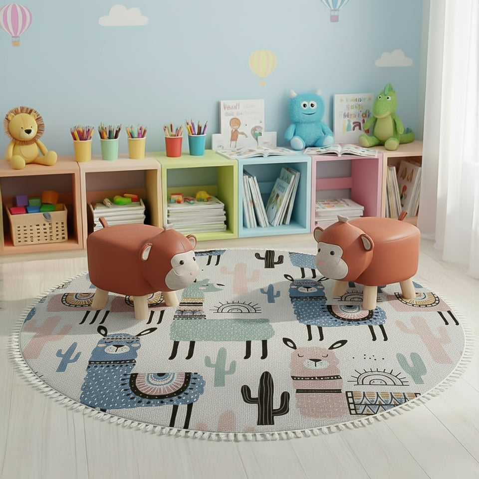 SOGA Home & Living Bundle – 2 Orange Monkey Children’s Ottoman & Alpaca Cactus Pattern Rug