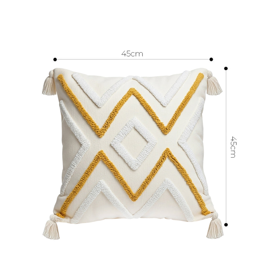 SOGA 2X Boho Tufted Cushion 45cm Tassel Beige Yellow Geometric Chevron Throw Pillow