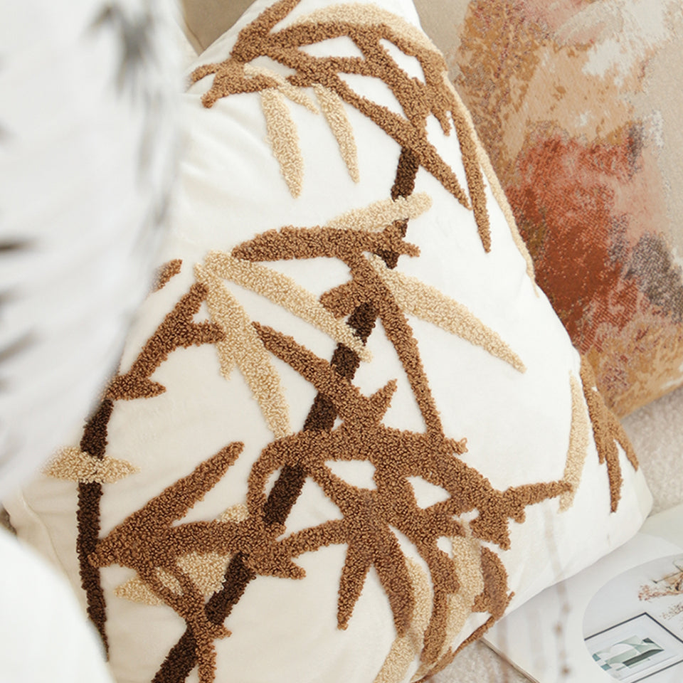 SOGA 2X 45cm Cream Brown Bamboo Leaf Botanical Embroidered Throw Pillow