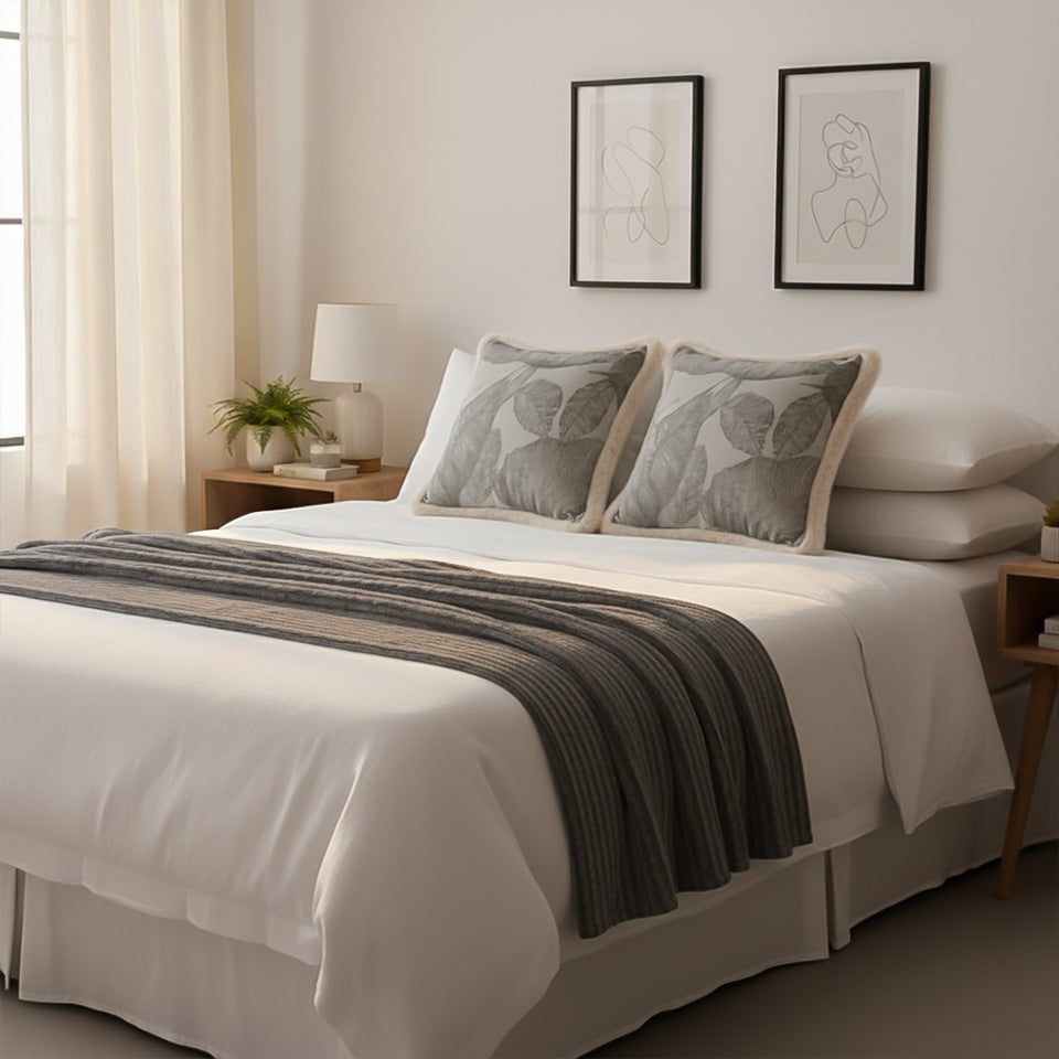 SOGA Home & Living Bundle – 2 Wabi-Sabi Embroidered Leaf Pillow & Grey Striped Throw Blanket