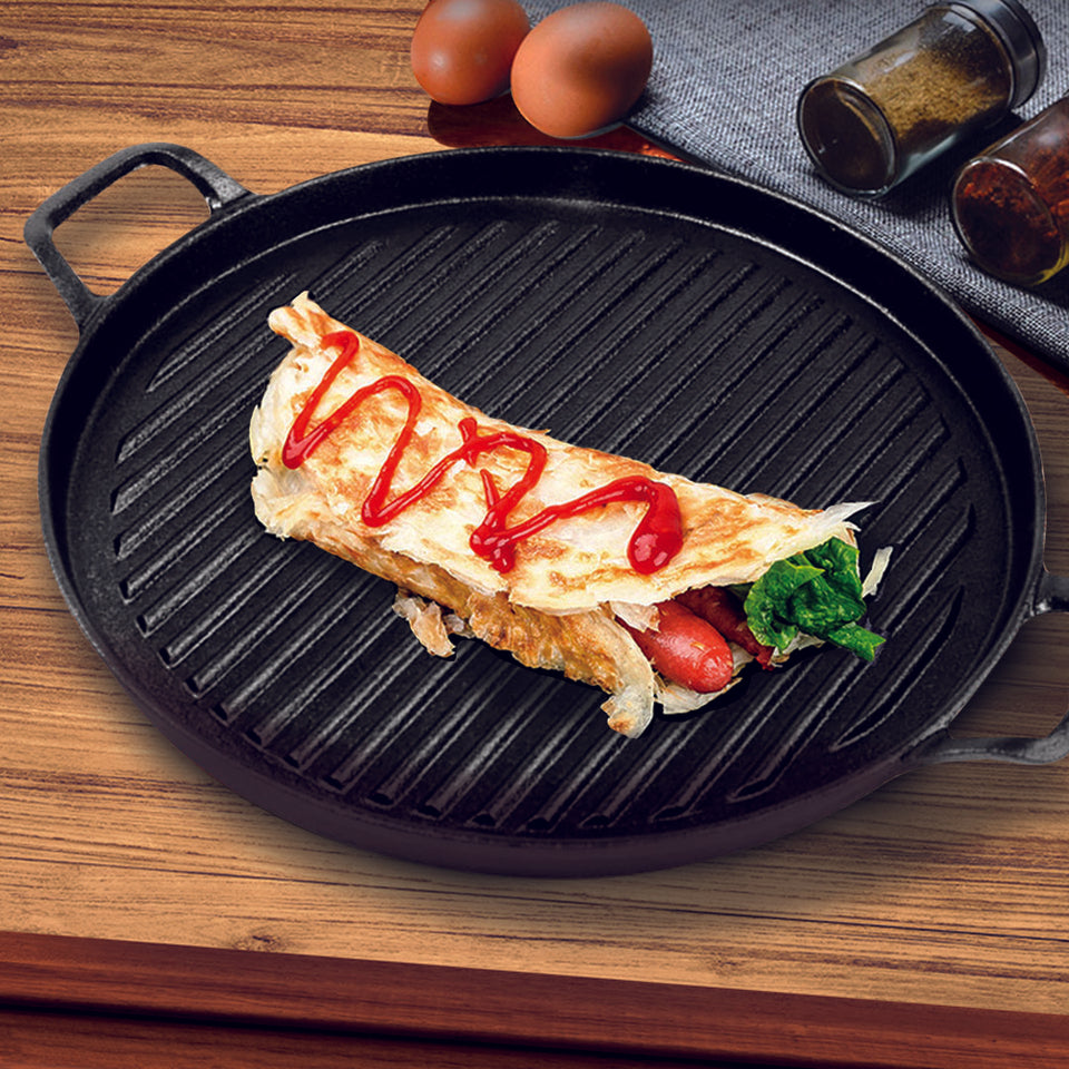 SOGA 2X 30cm Ribbed Cast Iron Frying Pan Skillet Coating Steak Sizzle Platter