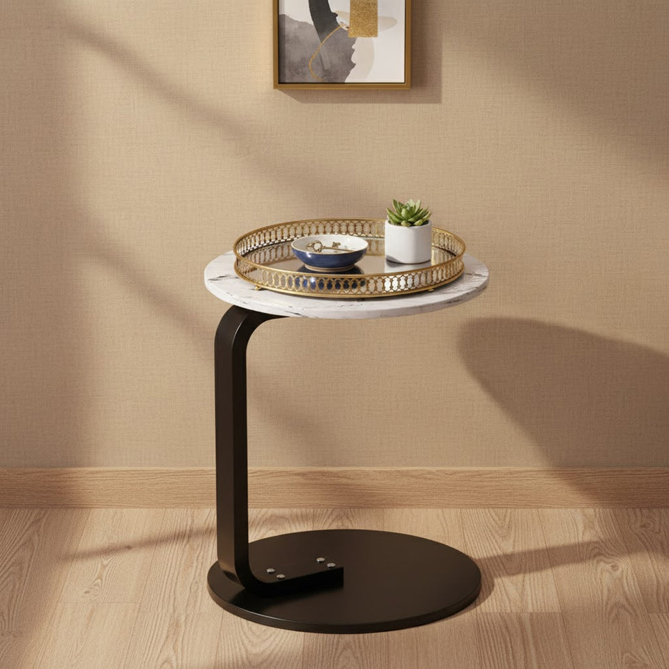 SOGA Home & Living Bundle – White Marble Mini Side Table & Gold Round Mirror Tray Organizer
