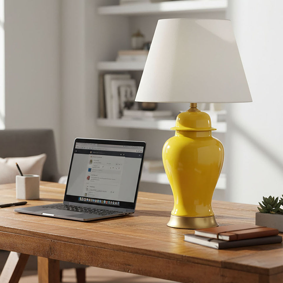 SOGA 4X Oval Ceramic Table Lamp with Gold Metal Base Desk Lamp Yellow