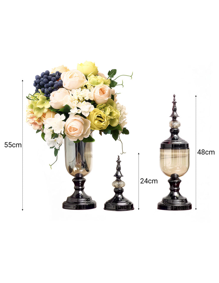 SOGA 2 x Clear Glass Flower Vase with Lid and White Flower Filler Vase Black Set