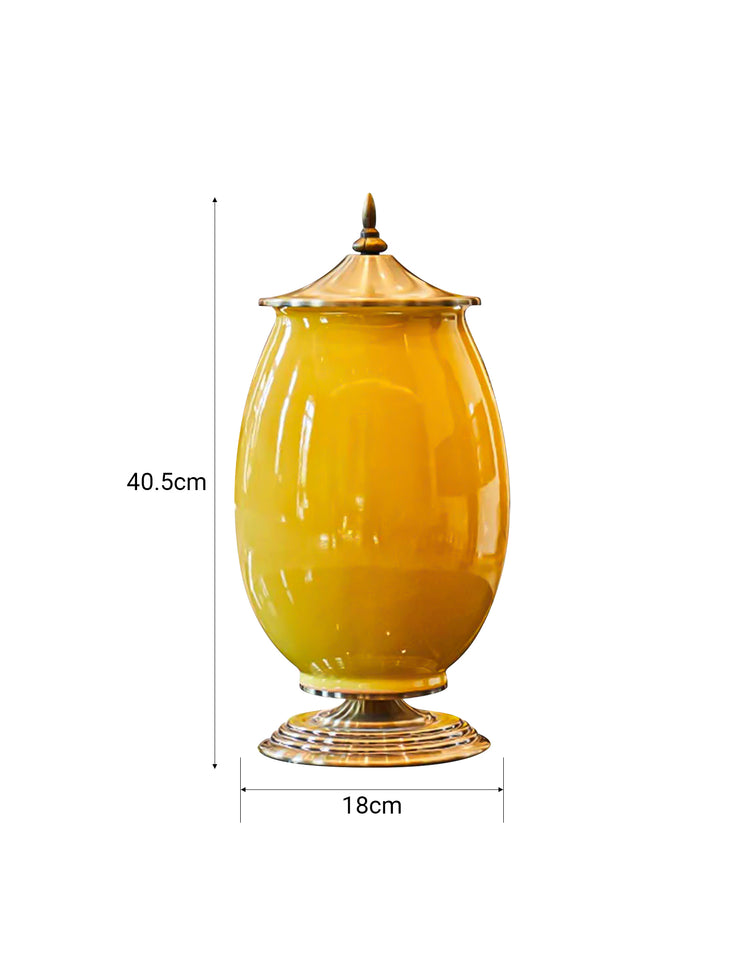 SOGA 2x 40cm Ceramic Oval Flower Vase with Gold Metal Base Yellow