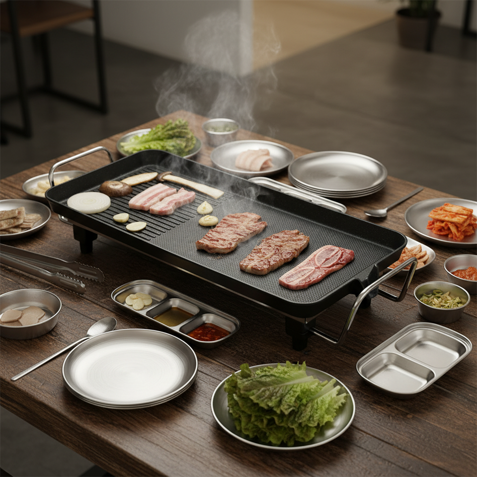 SOGA Kitchenware Bundle – 48cm Electric BBQ Grill with Silver Grilling Plate & Divided Sauce Pan