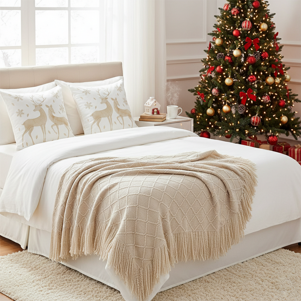 SOGA Christmas Bundle – 2 White Gold Reindeer Throw Pillows & Beige Diamond Throw Blanket