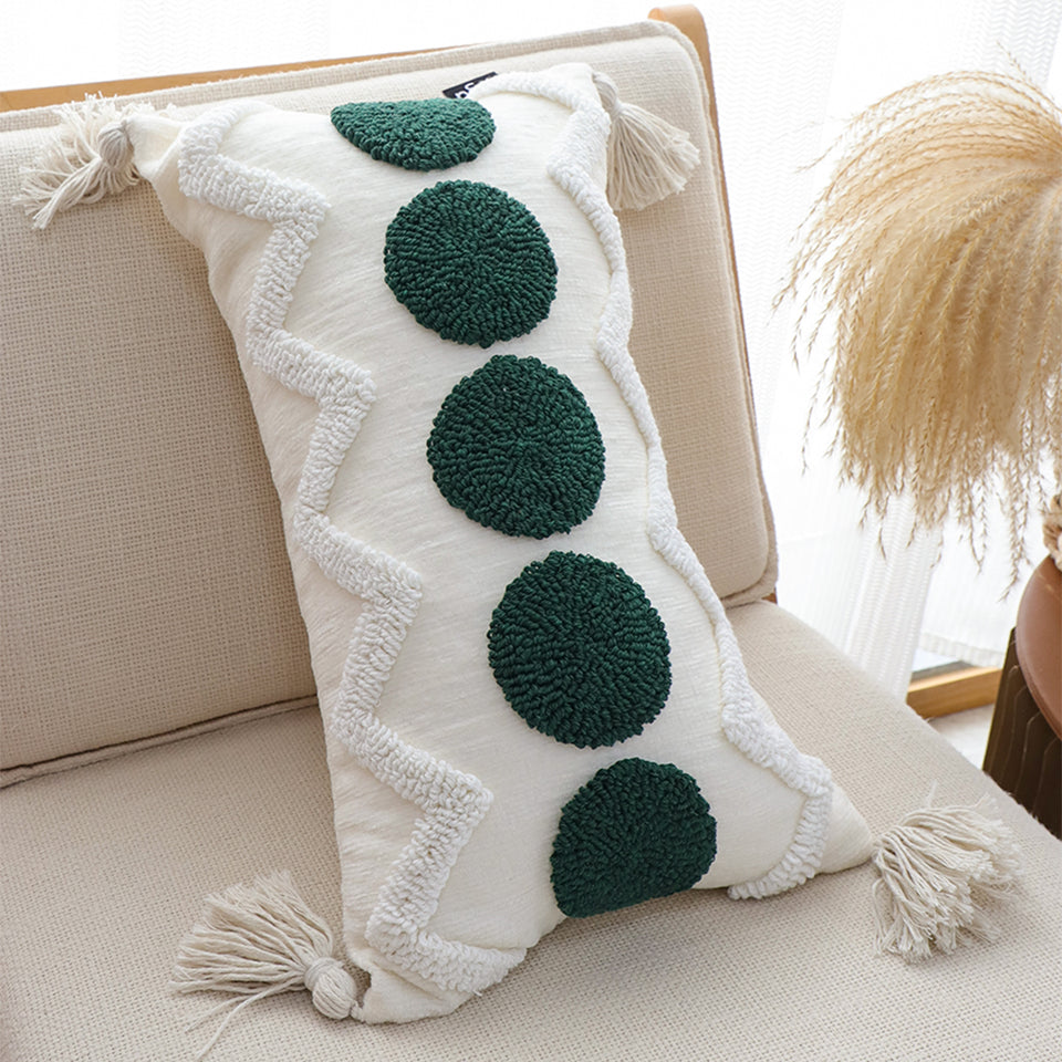 SOGA 30cm Cream Green Circle Pom Chevron Tassel Decorative Pillow