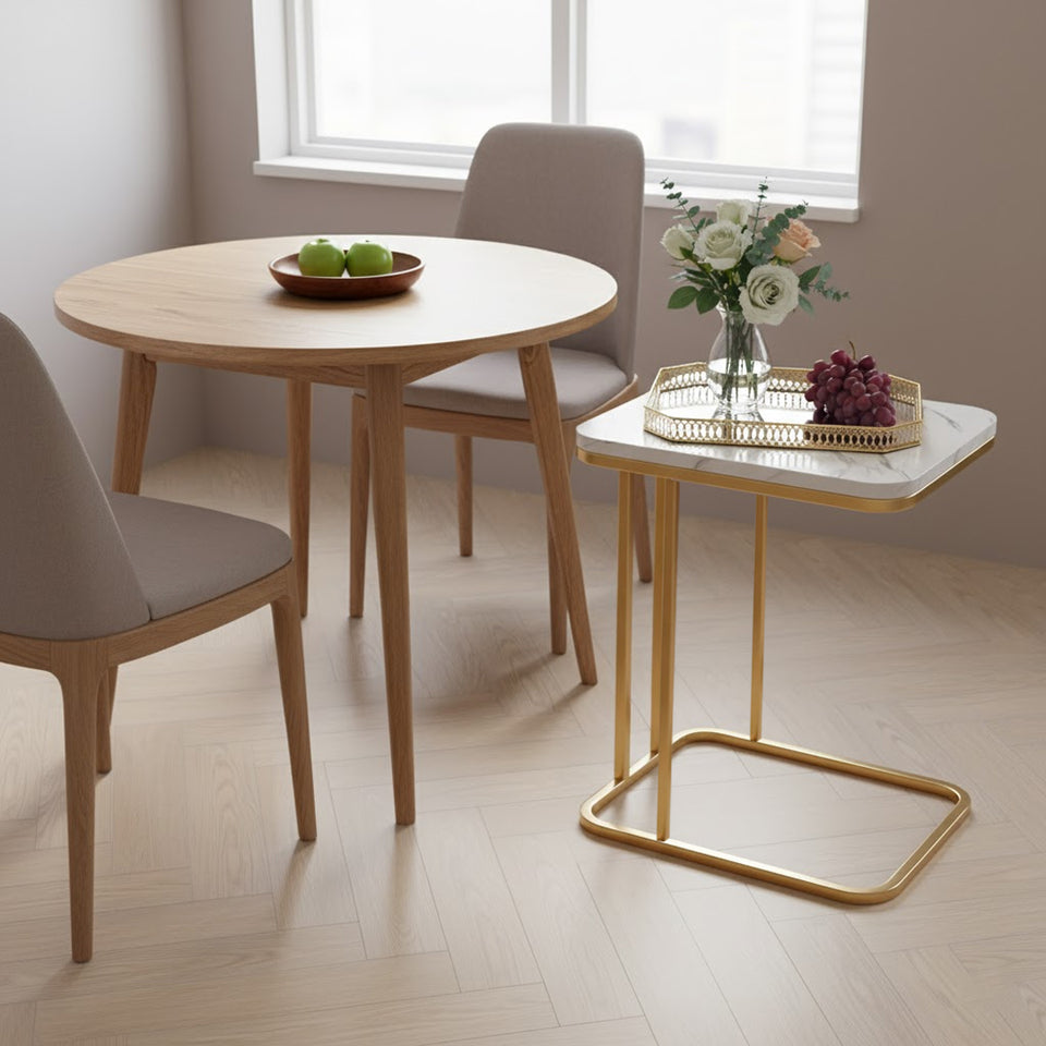 SOGA Home & Living Bundle – White Stone Side Table & Gold Mirror Tray Organizer for Home