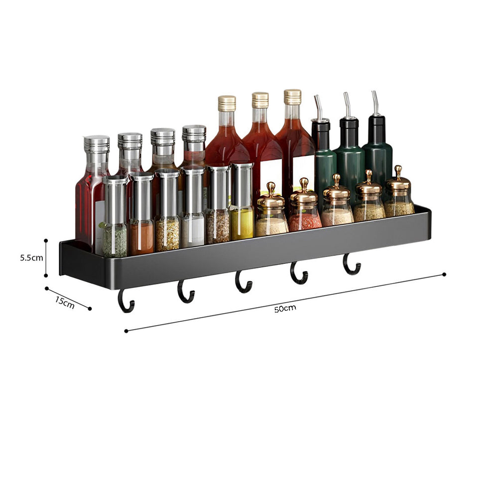 SOGA 50cm Black Wall-Mounted Rectangular Kitchen Spice Storage Organiser Space Saving Condiments Shelf Rack with Hooks