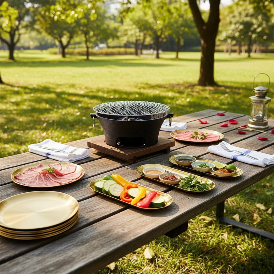 SOGA Kitchenware Bundle – Gold Nordic Plate Set, 23cm Grilling Plate & Cast Iron BBQ Grill