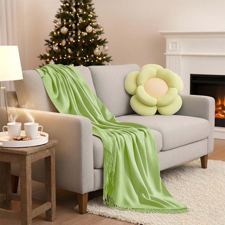 SOGA Home & Living Bundle – Green Double Flower Cushion & Acrylic Knitted Throw Blanket