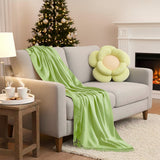 SOGA Home & Living Bundle – Green Double Flower Cushion & Acrylic Knitted Throw Blanket