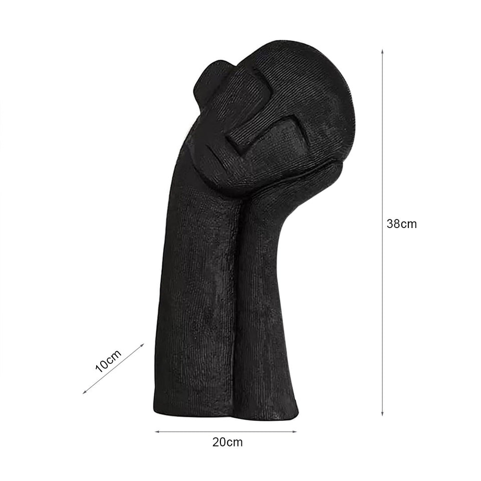 SOGA 38cm Black Minimalist Head Resin Sculpture with Hand at Side and Linear Texture for Home Decor