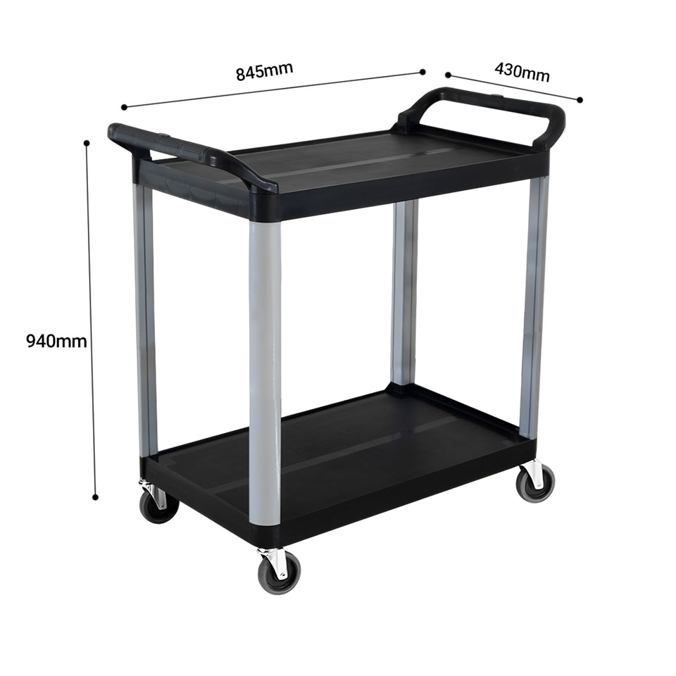 SOGA 2 Tier Food Trolley Portable Kitchen Cart Multifunctional Big Utility Service with wheels 845x430x940mm Black