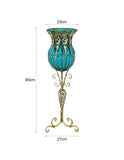 SOGA 85cm Blue Glass Tall Floor Vase and 12pcs Dark Pink Artificial Fake Flower Set
