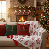 SOGA Christmas Bundle – Green & Burgundy Embroidered Tree Pillows & Red Holiday Throw Blanket