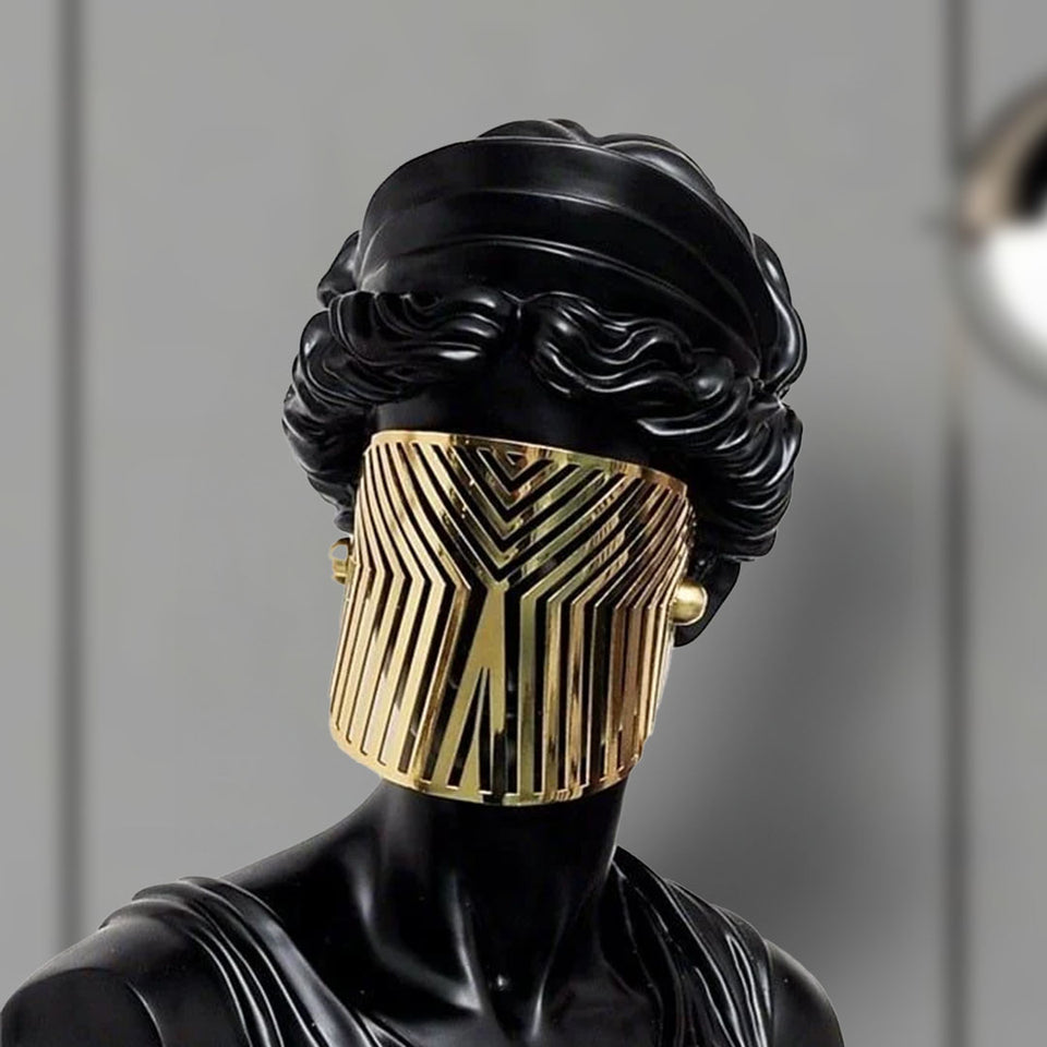 SOGA 40cm Black Classical Bust Sculpture Resin with Gold Striped Mask for Modern Home Decor