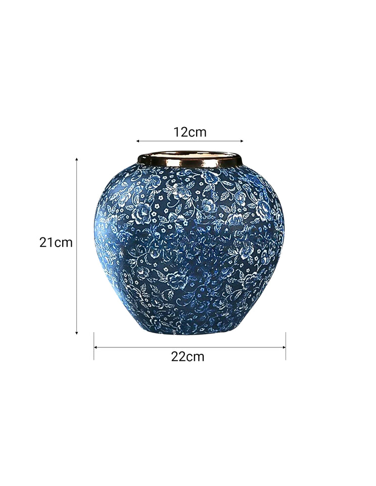 SOGA 21x22cm Blue with White Mini Floral Small Ceramic Flower Vase Elegant Living Room Home Decor