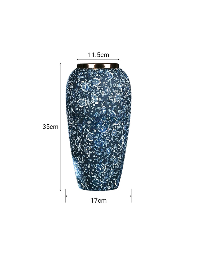 SOGA 35x17cm Blue with White Mini Floral Large Ceramic Flower Vase Elegant Living Room Home Decor