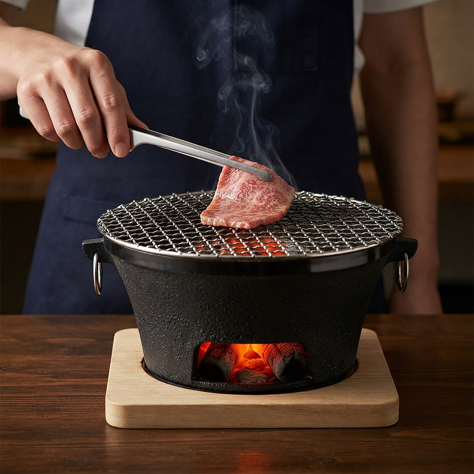 SOGA Medium Cast Iron Round Stove Charcoal Table Net Grill Japanese Style BBQ Picnic Camping with Wooden Board