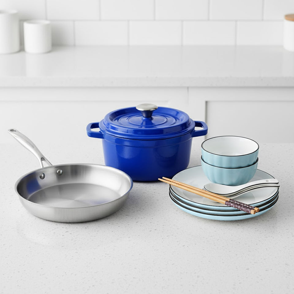 SOGA Kitchenware Bundle – Blue Enamel Stewpot, Stainless Steel Fry Pan & Ceramic Dinnerware Set