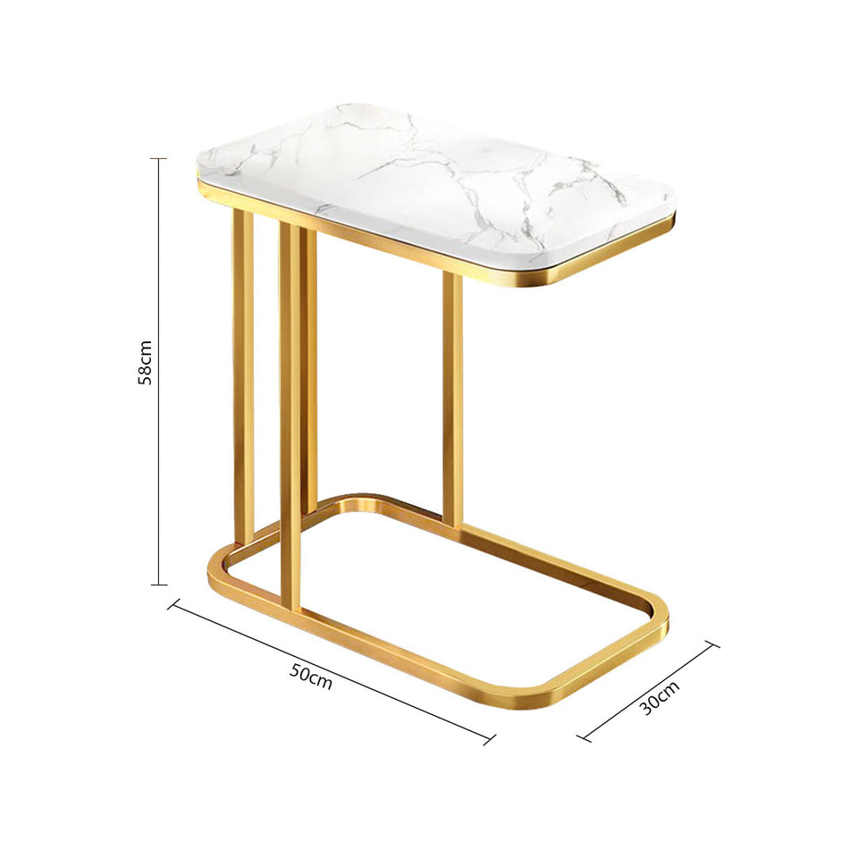 SOGA 2x 30x50cm White Stone-Patterned Sofa Side Tables – Square Mini Tables with Gold Metal Legs