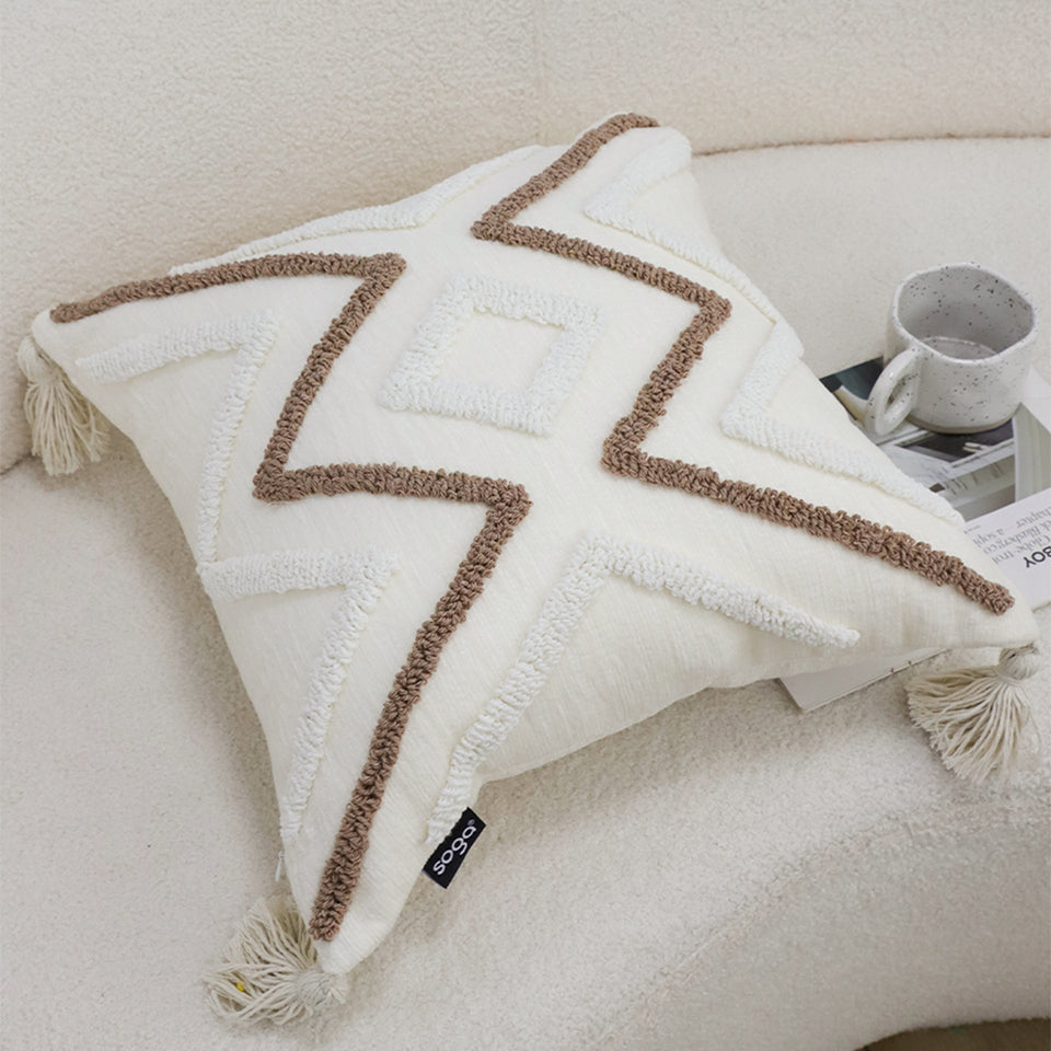 SOGA 2X Boho Tufted Cushion 45cm Tassel White Brown Geometric Decorative Throw Pillow