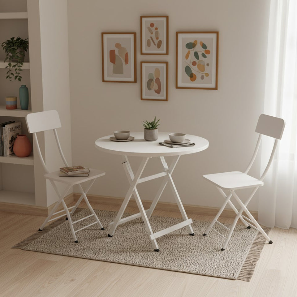 SOGA Home & Living Bundle – White Folding Dining Table & 2 Foldable Chairs for Home Decor