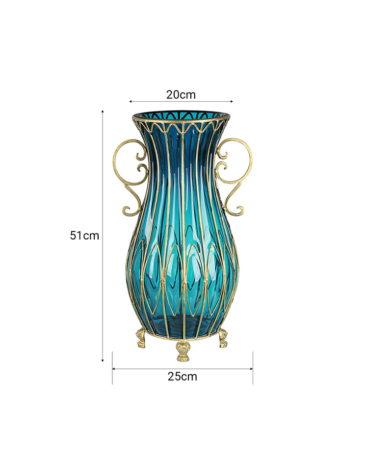 SOGA 51cm Blue Glass Oval Floor Vase with Metal Flower Stand