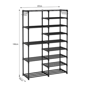 SOGA 2X 16-Shelf Tier Shoe Storage Shelf Space-Saving Caddy Rack Organiser with Side Hooks Black