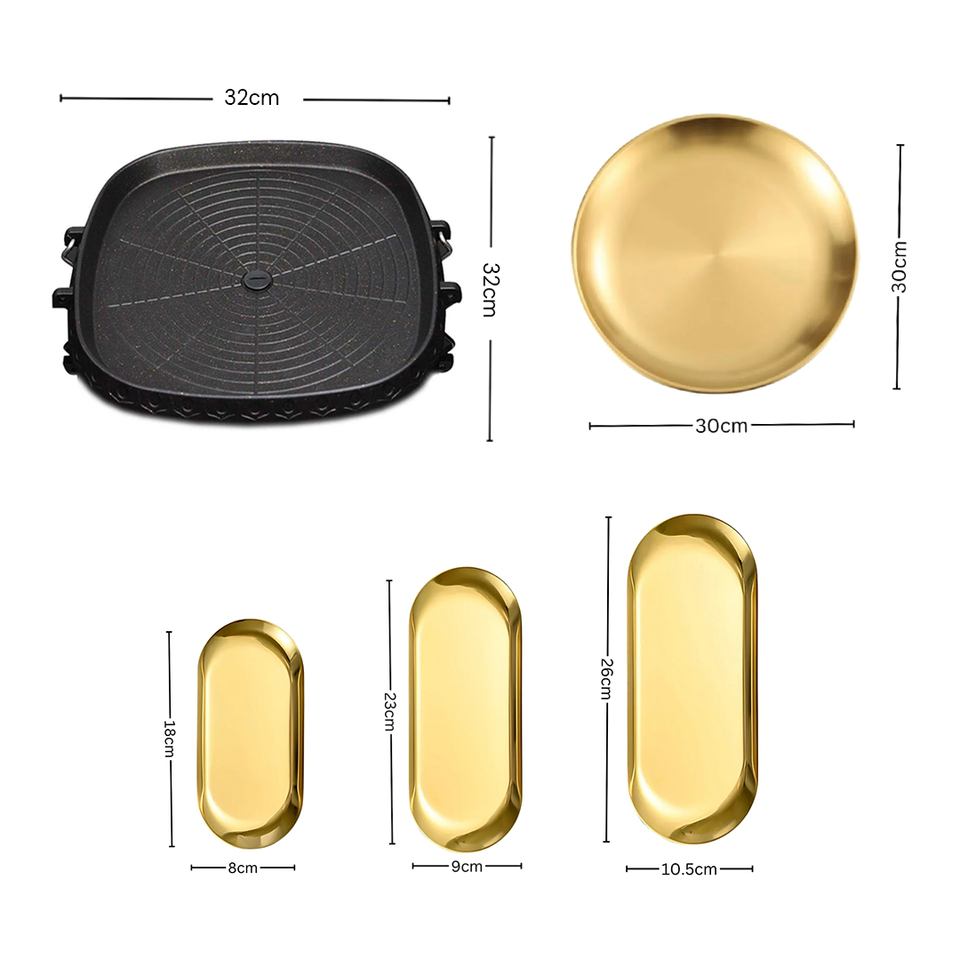 SOGA Kitchenware Bundle – Square Portable Korean BBQ Stove, Gold Grilling Plate & Nordic Plate Set