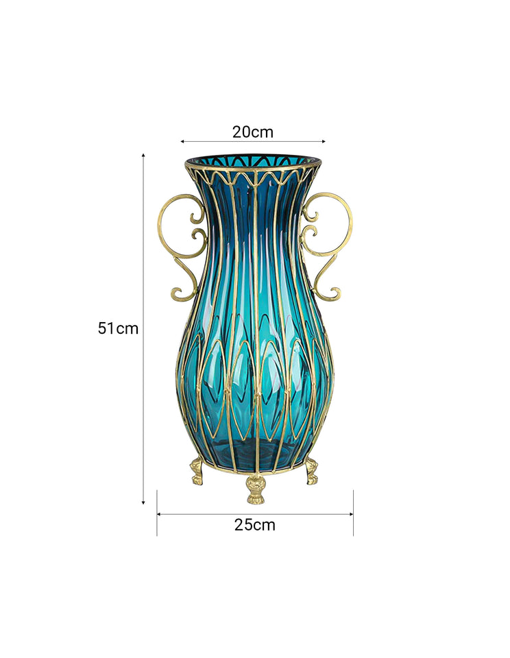 SOGA 51cm Blue Glass Tall Floor Vase and 10pcs White Artificial Fake Flower Set