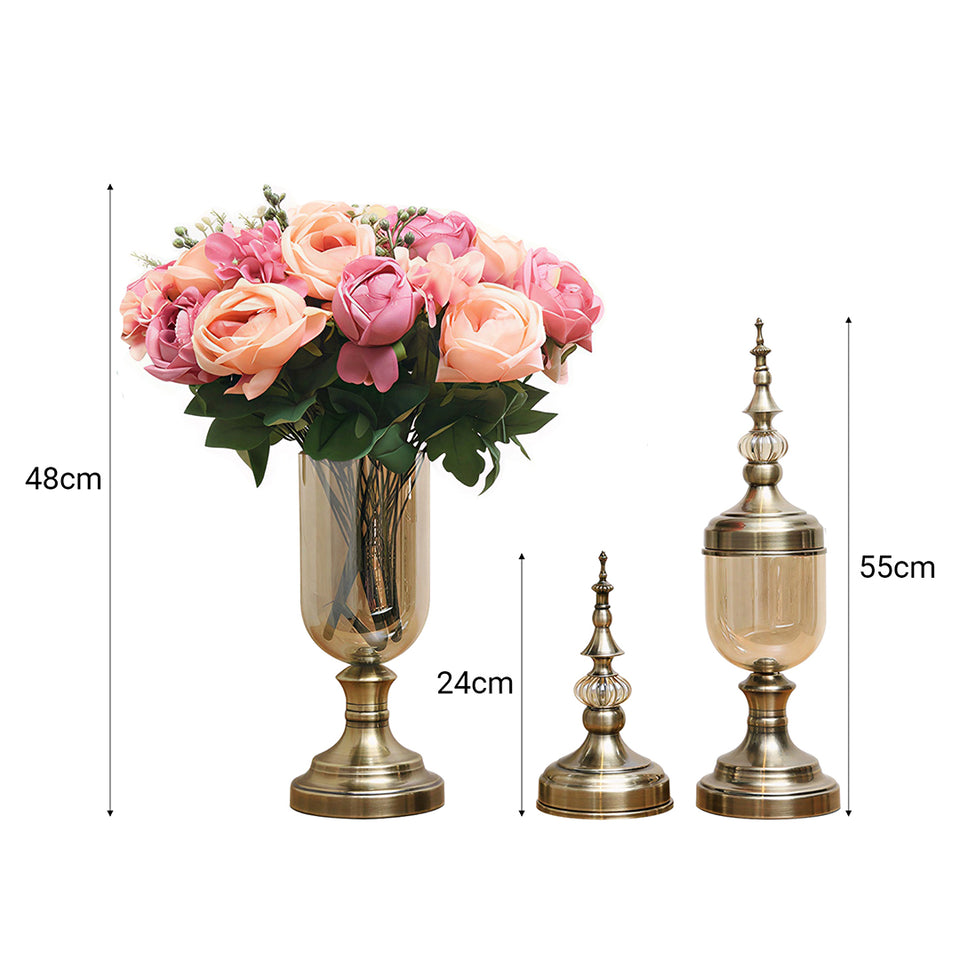 SOGA 2 x Clear Glass Flower Vase with Lid and Pink Flower Filler Vase Bronze Set